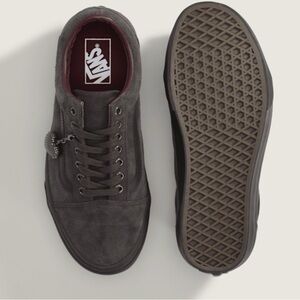 Vans Womens “Love is Pain” Dark Grey Suede Old Skool with heart charm.
